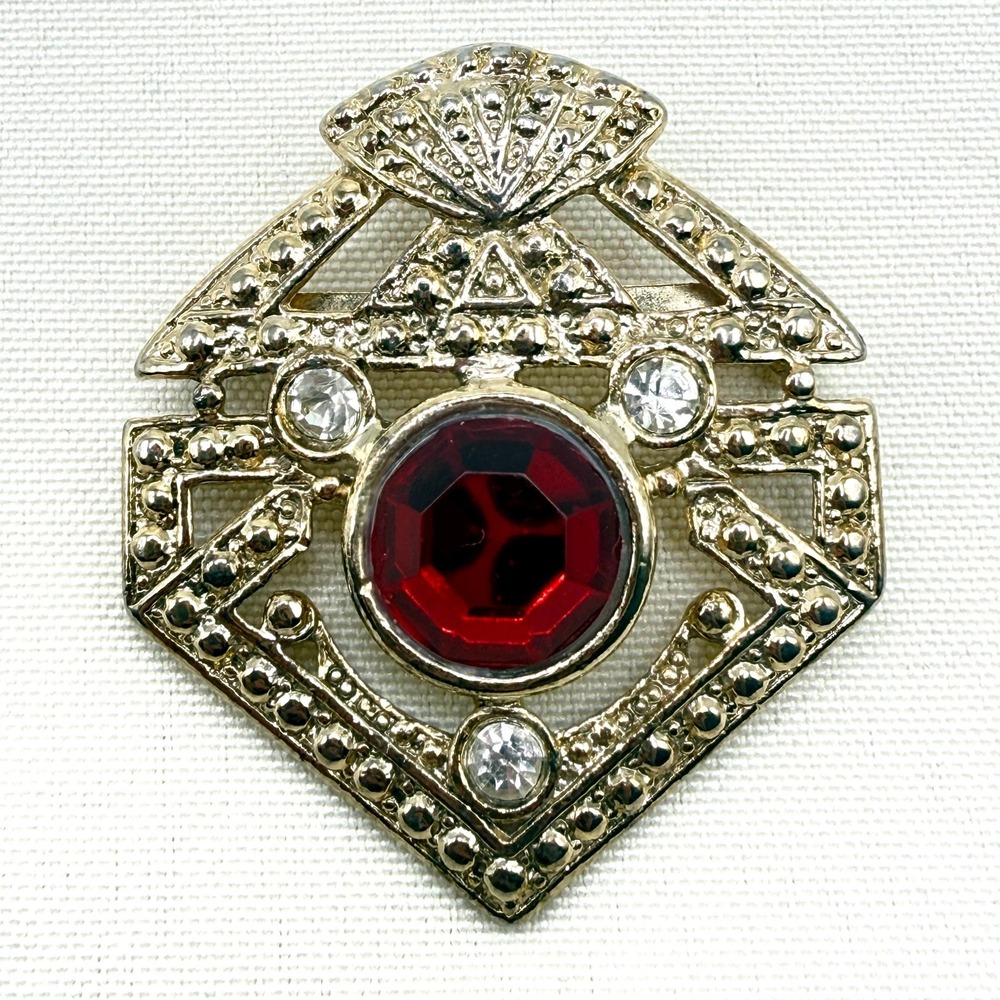 Vintage Victorian Revival Gold Tone Brooch w/ Red Cabochon & Clear Rhinestones